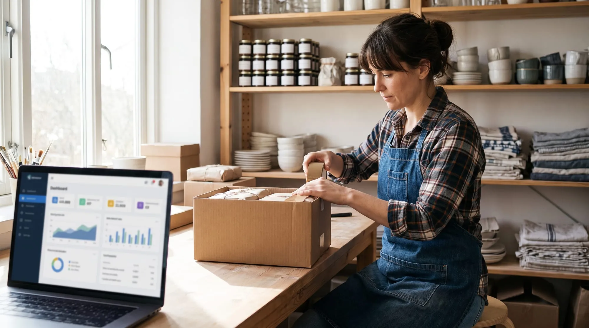La titolare di un piccolo e-commerce prepara un ordine, con il pannello del negozio online aperto sul portatile