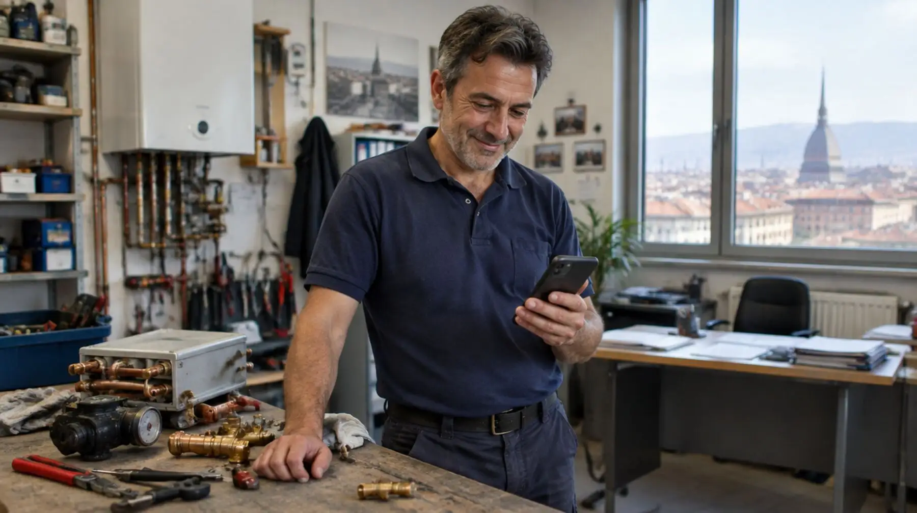 Il titolare, nel suo laboratorio, legge sul telefono il riassunto della chiamata